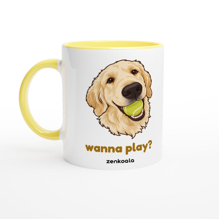 Wanna Play? feel-good mug: a golden retriever with a ball, Zen Koala Australia