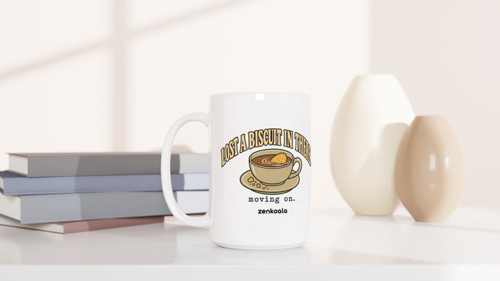 Lost a Biscuit in There 15oz mug beside books and vases, Zen Koala Australia