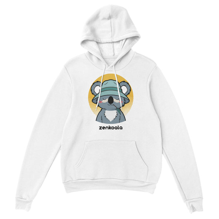 Koala Zinc and Bucket Hat feel-good hoodie in White — koala in a bucket hat with zinc on its cheeks, Zen Koala Australia