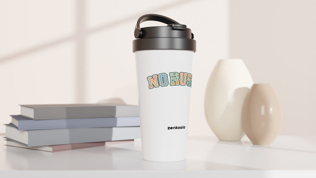 No Rush Faux Patchwork travel mug beside books and vases, Zen Koala Australia