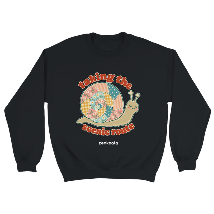 Taking the Scenic Route Snail feel-good sweatshirt in black, Zen Koala Australia