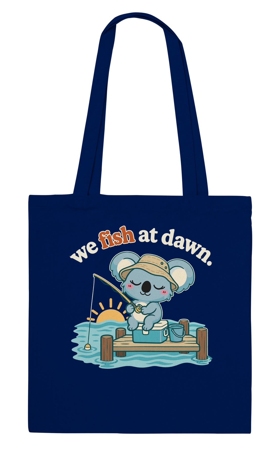 We Fish at Dawn feel-good tote bag in navy, Zen Koala Australia