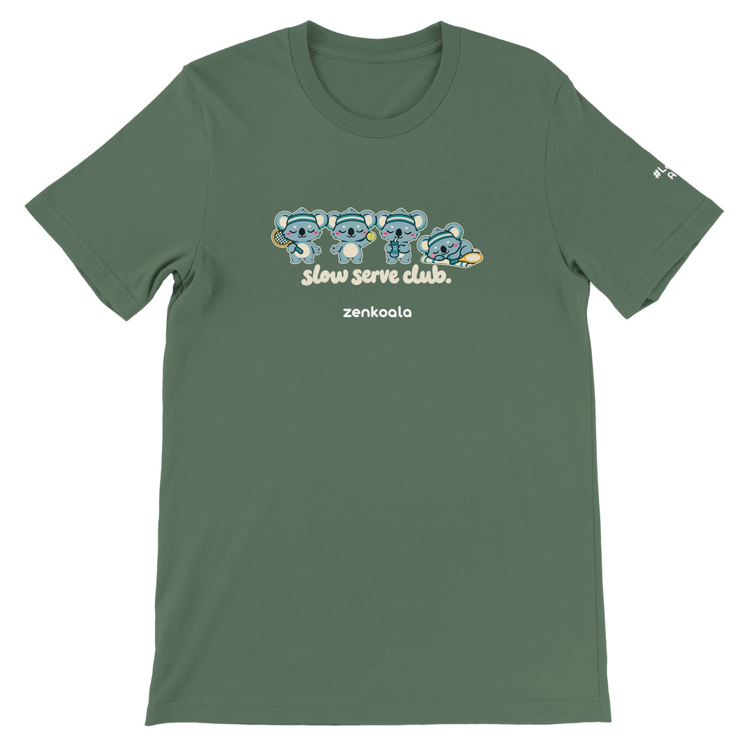 Slow Serve Club feel-good tee in military green, Zen Koala Australia