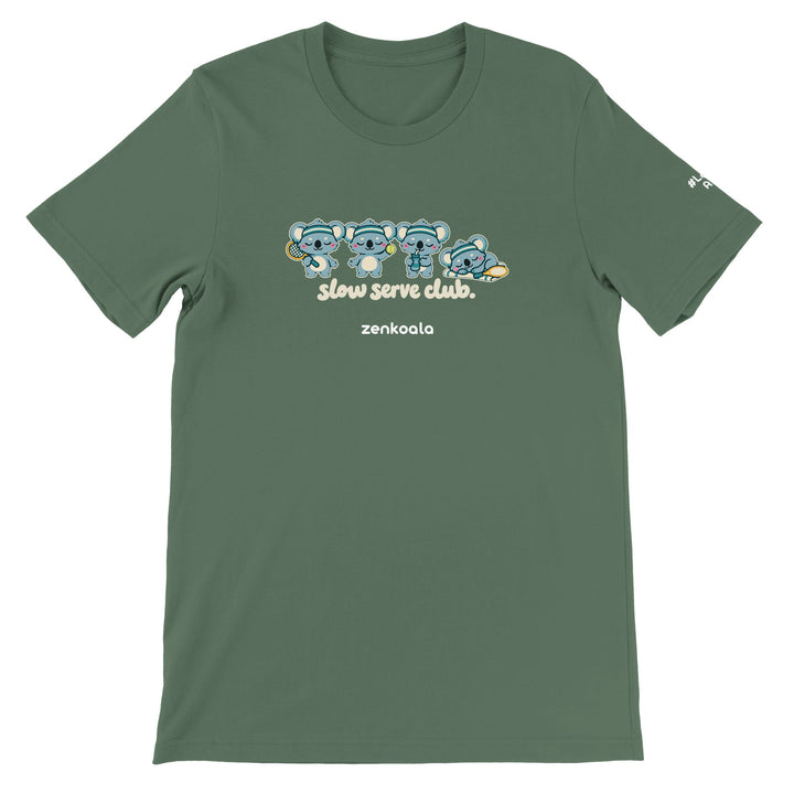 Slow Serve Club feel-good tee in military green, Zen Koala Australia