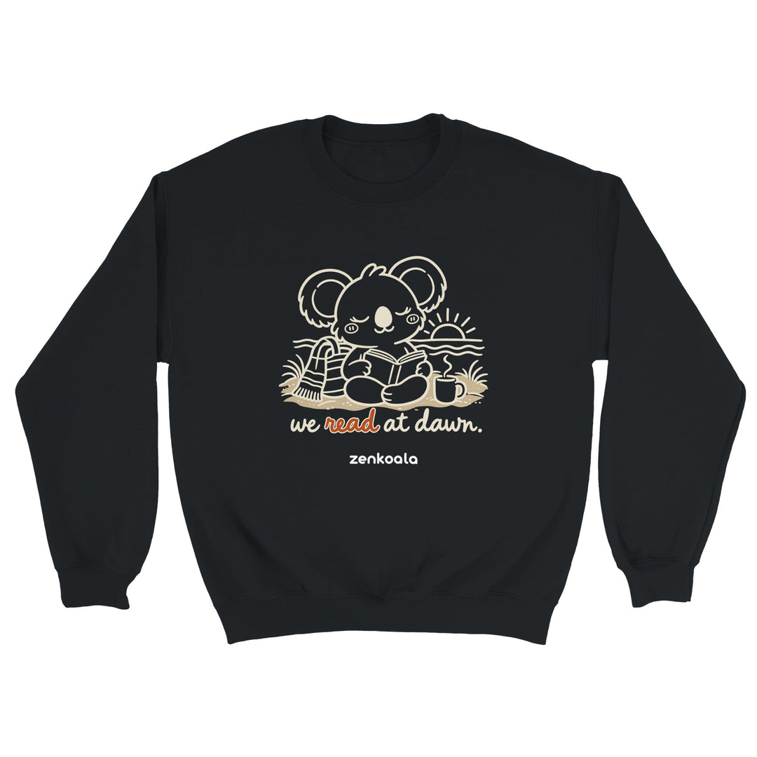 We Read at Dawn feel-good sweatshirt in black, Zen Koala Australia