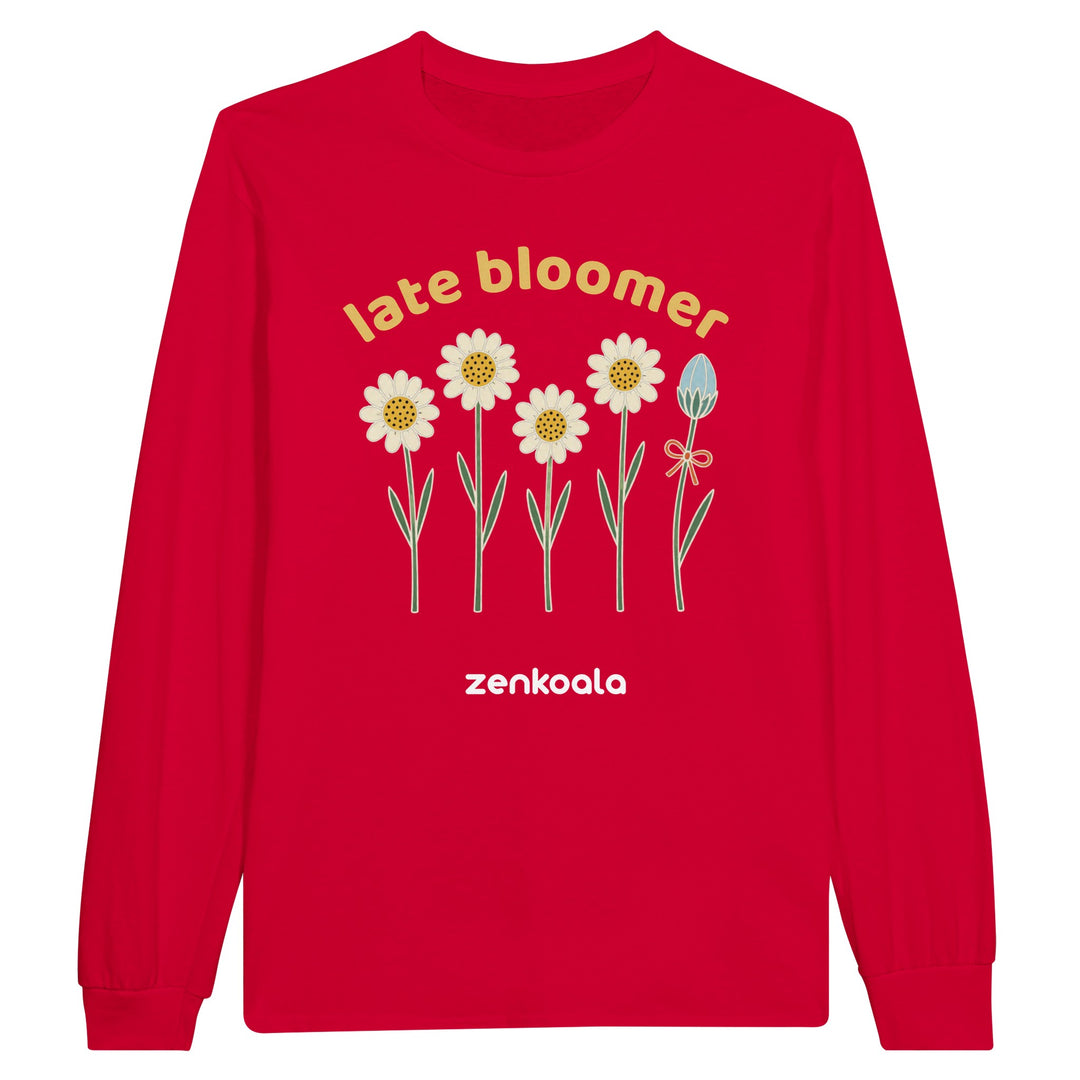 Late Bloomer long sleeve tee in red — retro daisies and one bud taking its time, Zen Koala Australia