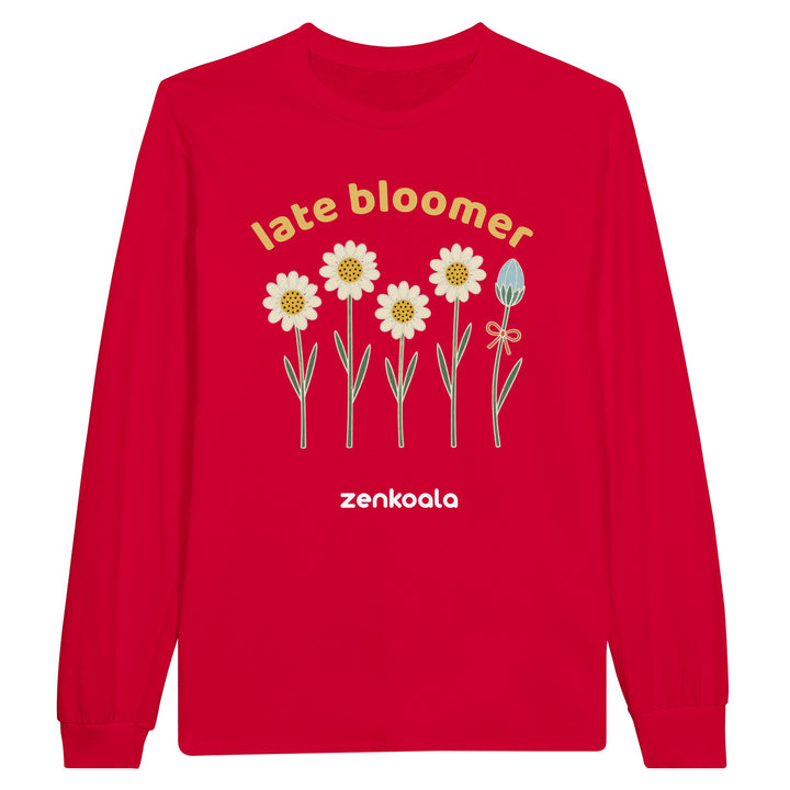 Late Bloomer long sleeve tee in red — retro daisies and one bud taking its time, Zen Koala Australia