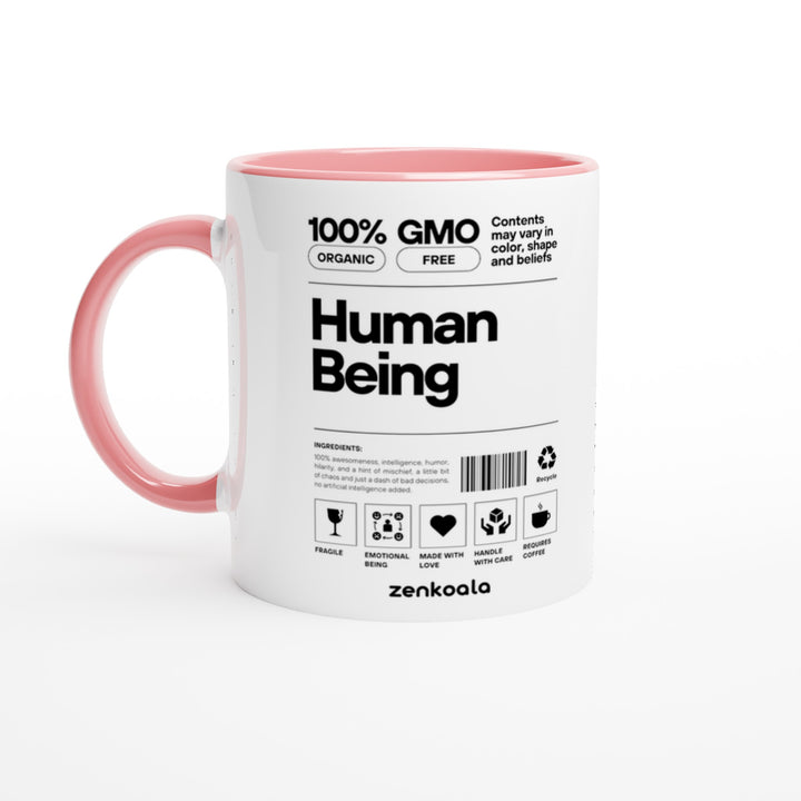 Human Being mug in pink: white with a pink rim, inside and handle, Zen Koala Australia