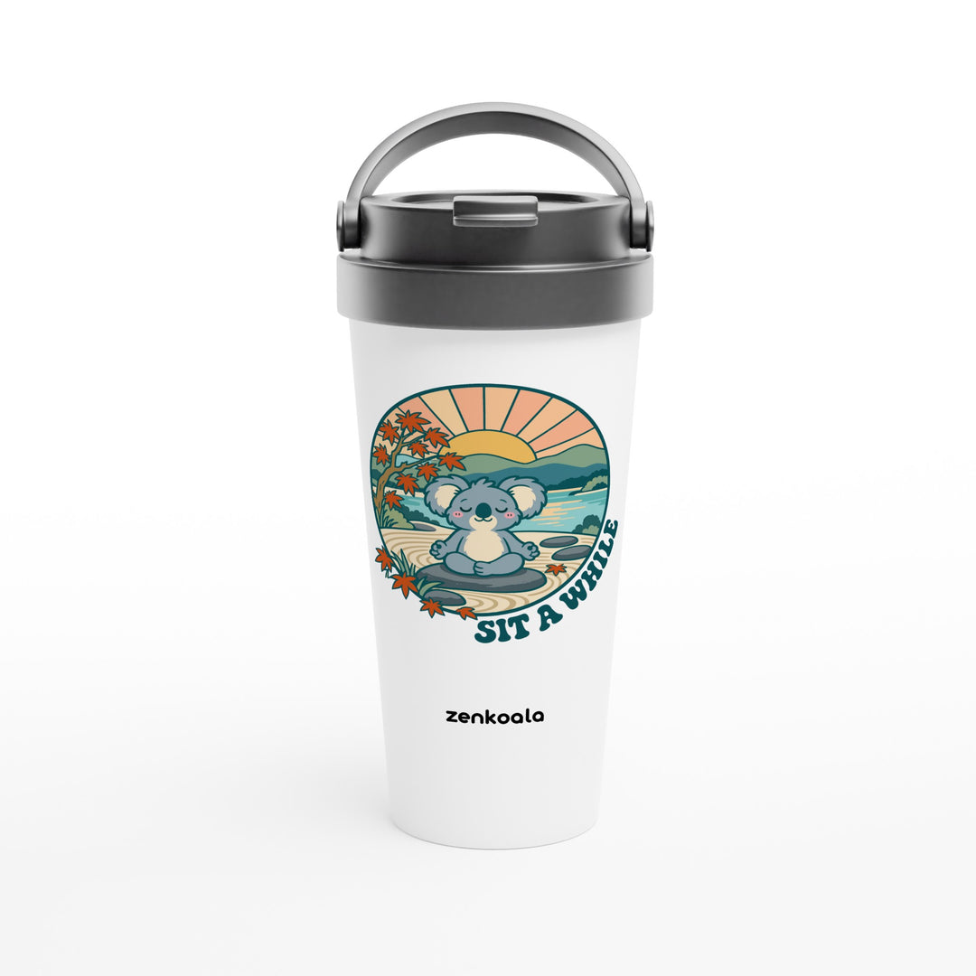 Sit a While feel-good travel mug: a koala meditating in a zen garden, Zen Koala Australia