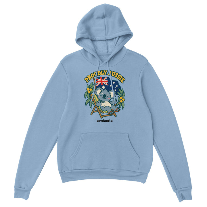 Proudly Aussie feel-good hoodie in light blue, Zen Koala Australia