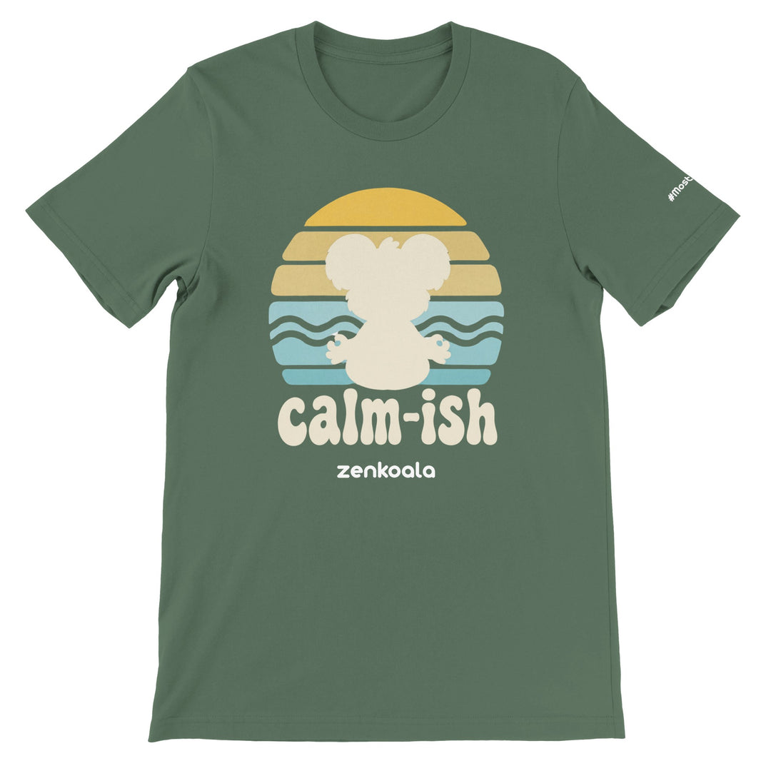 Calm-ish Retro Sunset Koala feel-good tee in military green — Zen Koala Australia