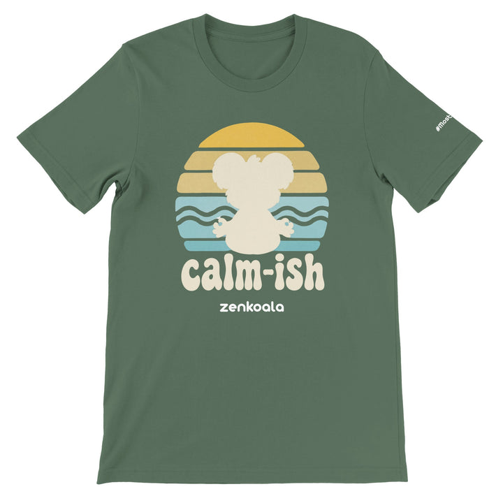 Calm-ish Retro Sunset Koala feel-good tee in military green — Zen Koala Australia