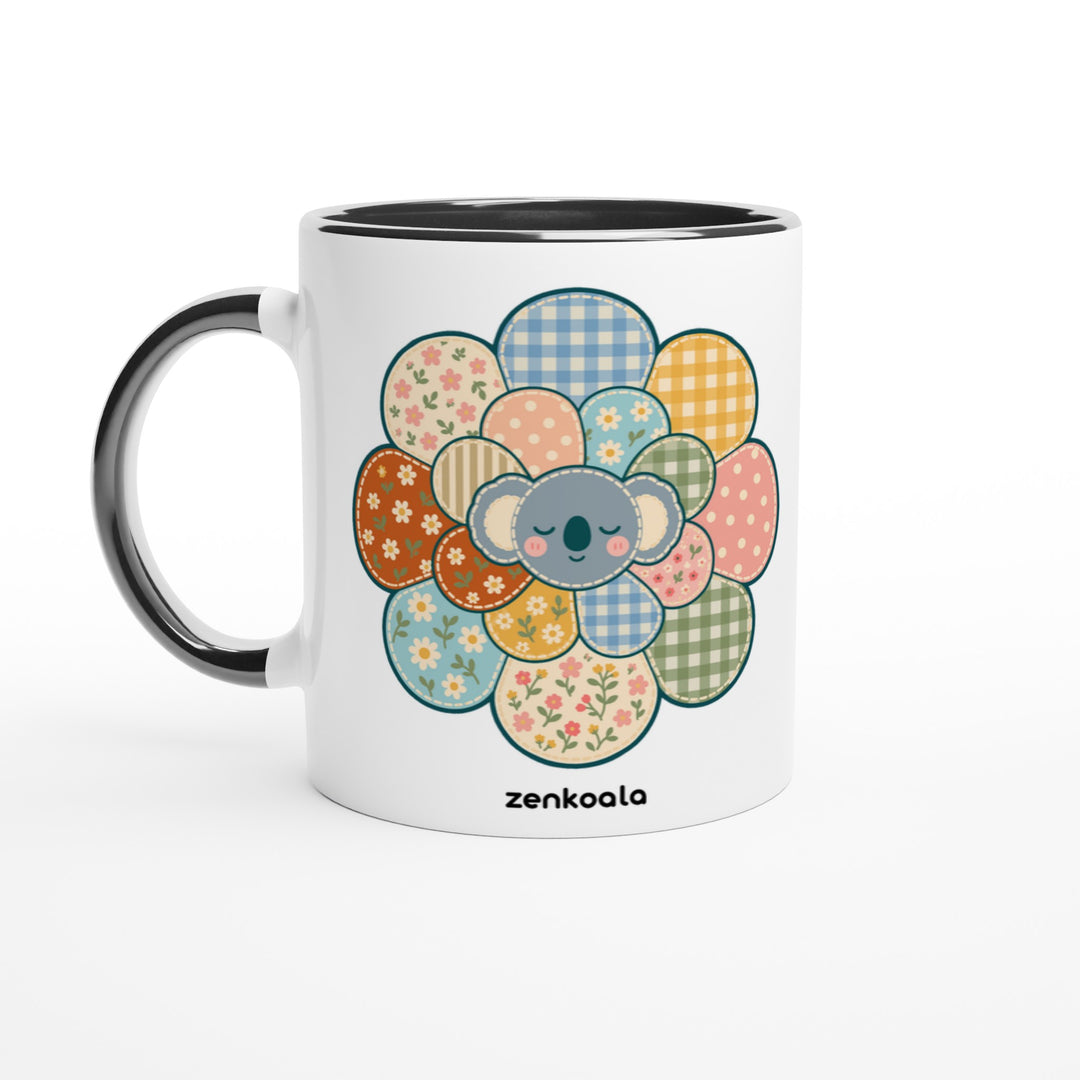Zen Mandala Flower mug in black: white with a black rim, inside and handle, Zen Koala Australia