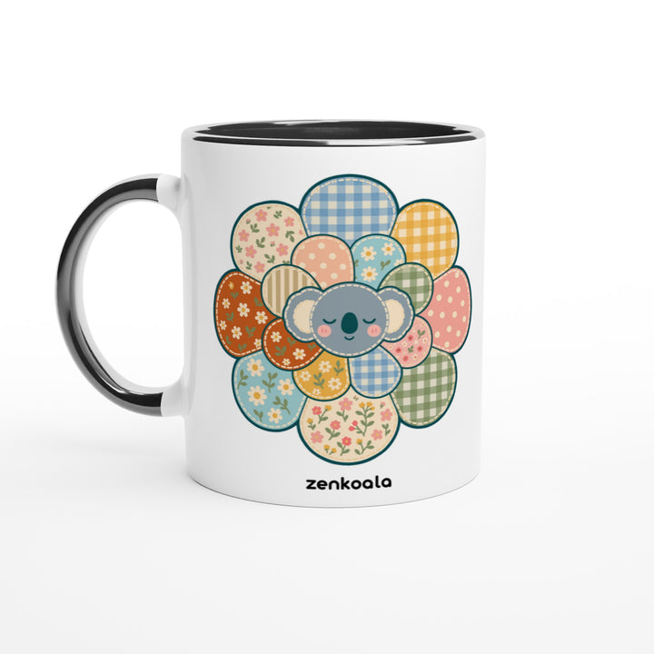 Zen Mandala Flower mug in black: white with a black rim, inside and handle, Zen Koala Australia