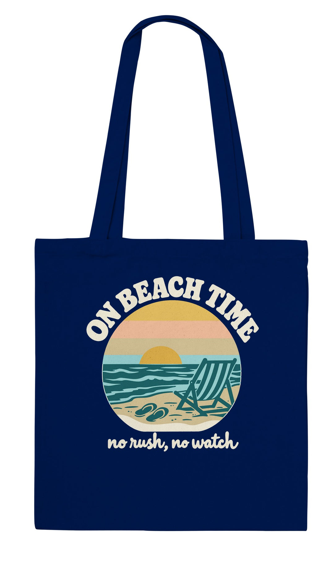 On Beach Time feel-good tote bag in navy: a retro sunset beach with a deckchair, Zen Koala Australia