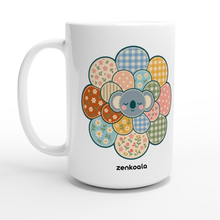 Zen Mandala Flower feel-good 15oz mug: a faux patchwork flower with a koala at its heart, Zen Koala Australia