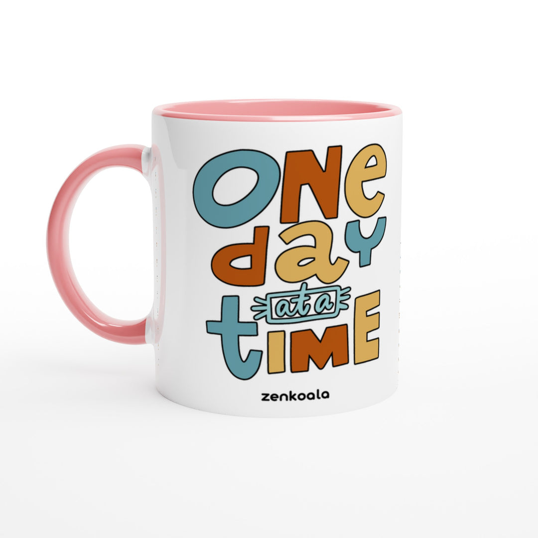 One Day at a Time mug in pink: white with a pink rim, inside and handle, Zen Koala Australia