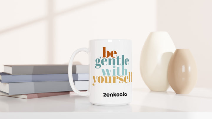 Be Gentle 15oz mug beside books and vases, Zen Koala Australia