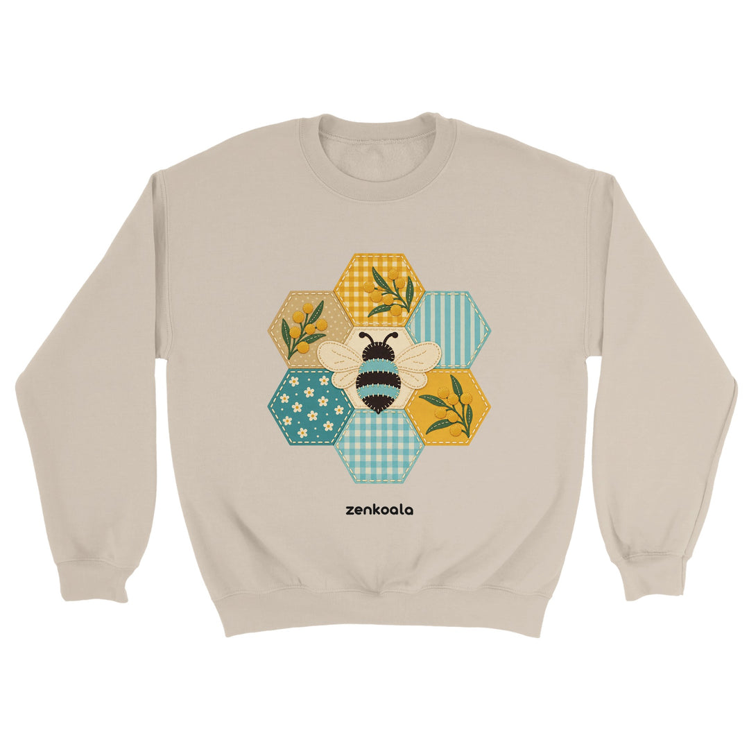 Honeycomb Bee feel-good sweatshirt in sand: a faux patchwork honeycomb, Zen Koala Australia