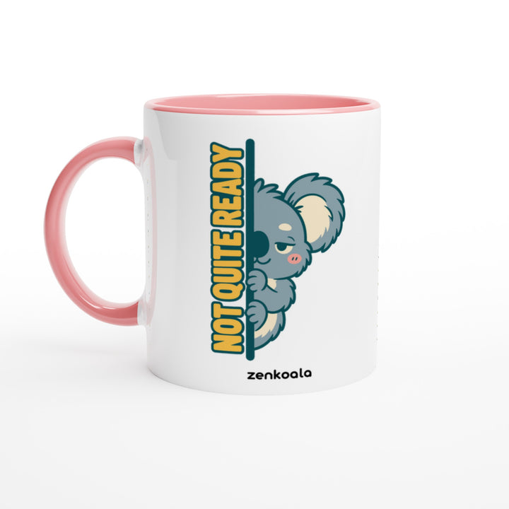 Not Quite Ready mug in pink: white with a pink rim, inside and handle, Zen Koala Australia