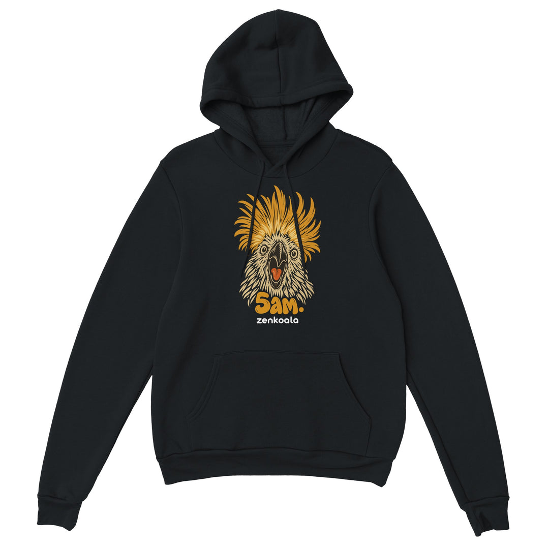 5am feel-good hoodie in black: a cockatoo screaming at dawn, Zen Koala Australia