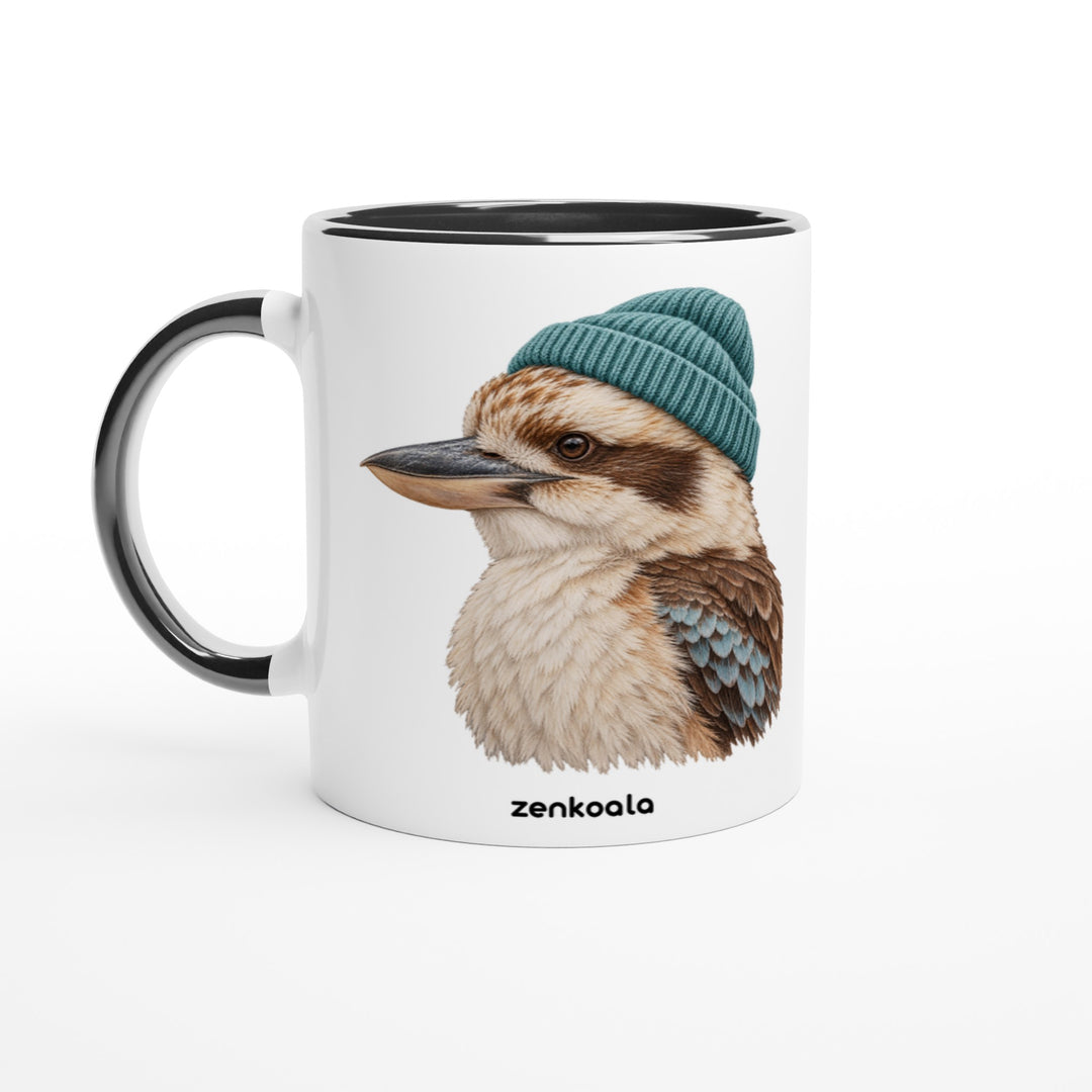Kookaburra Beanie mug in black: white with a black rim, inside and handle, Zen Koala Australia