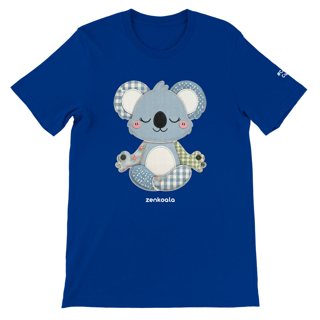 Faux Patchwork Meditating Koala feel-good tee in true royal, Zen Koala Australia