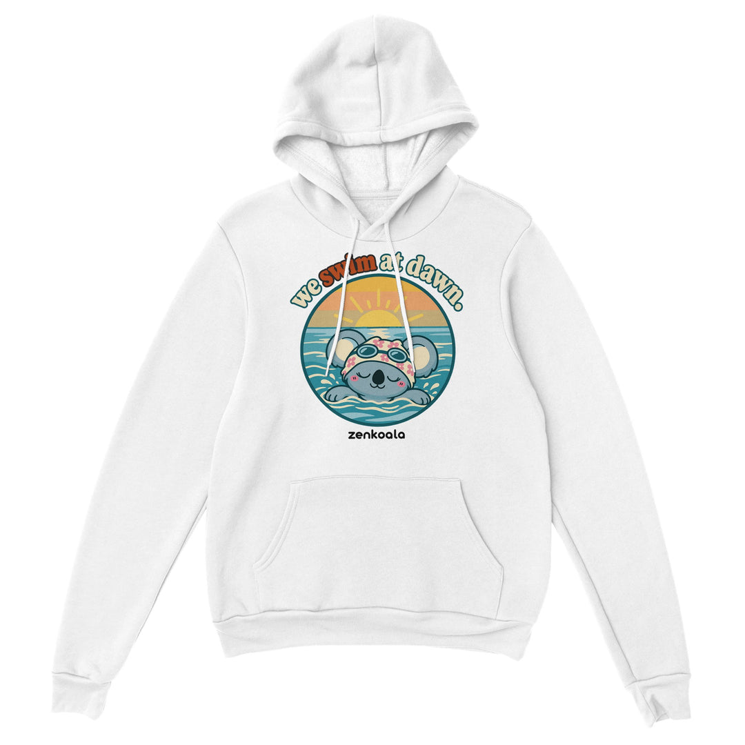 We Swim at Dawn feel-good hoodie in white, Zen Koala Australia