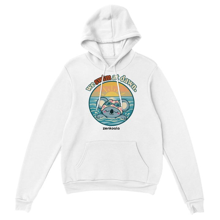 We Swim at Dawn feel-good hoodie in white, Zen Koala Australia