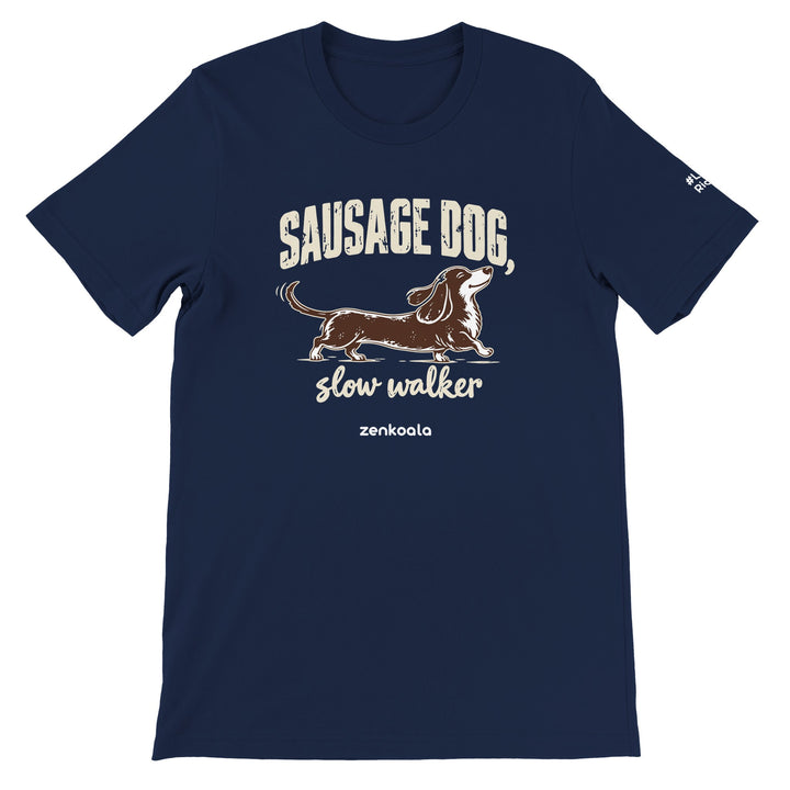 Sausage Dog Slow Walker feel-good tee in navy, Zen Koala Australia