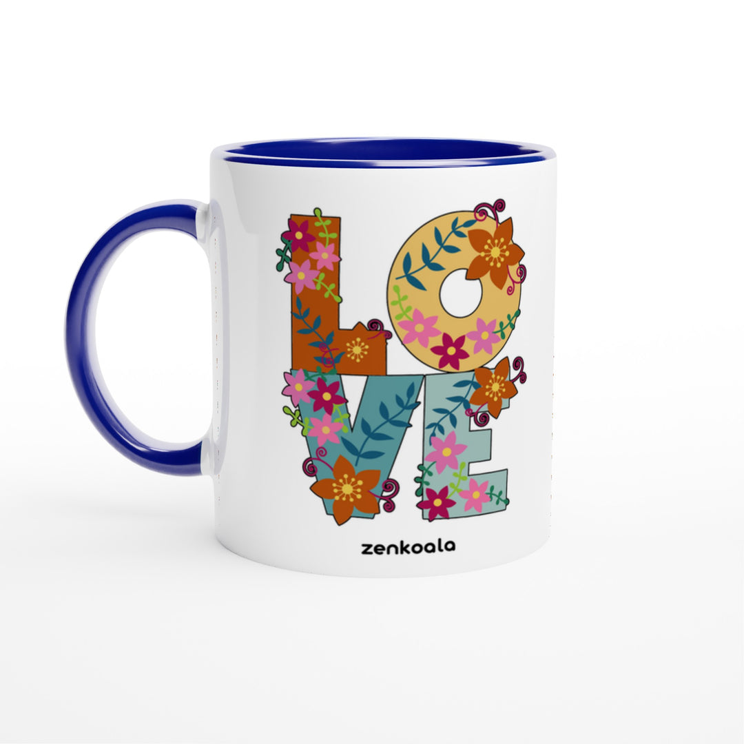 Love mug in blue: white with a blue rim, inside and handle, Zen Koala Australia
