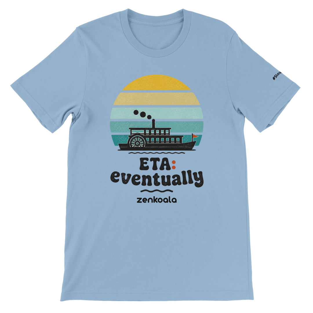 ETA Eventually feel-good tee in light blue — a retro sunset paddle steamer in no rush, Zen Koala Australia