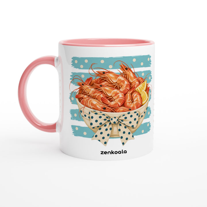 Prawns mug in pink: white with a pink rim, inside and handle, Zen Koala Australia