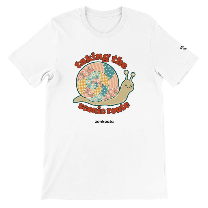 Taking the Scenic Route Snail feel-good tee in white: a faux patchwork snail, Zen Koala Australia