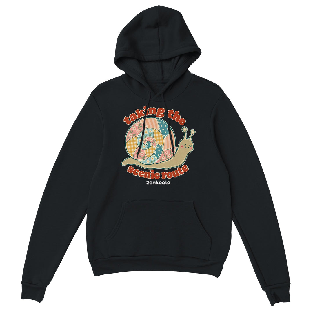Taking the Scenic Route Snail feel-good hoodie in black, Zen Koala Australia