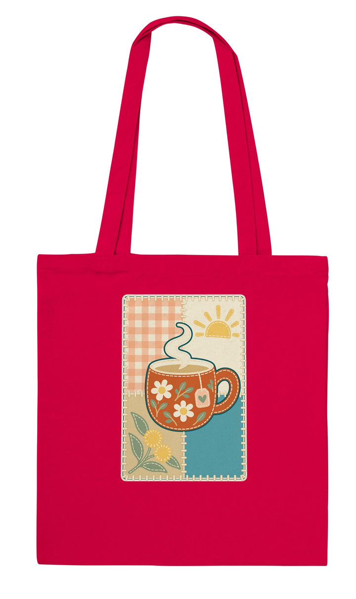 Cuppa Quilt feel-good tote bag in red: a cuppa on a quilt block, Zen Koala Australia