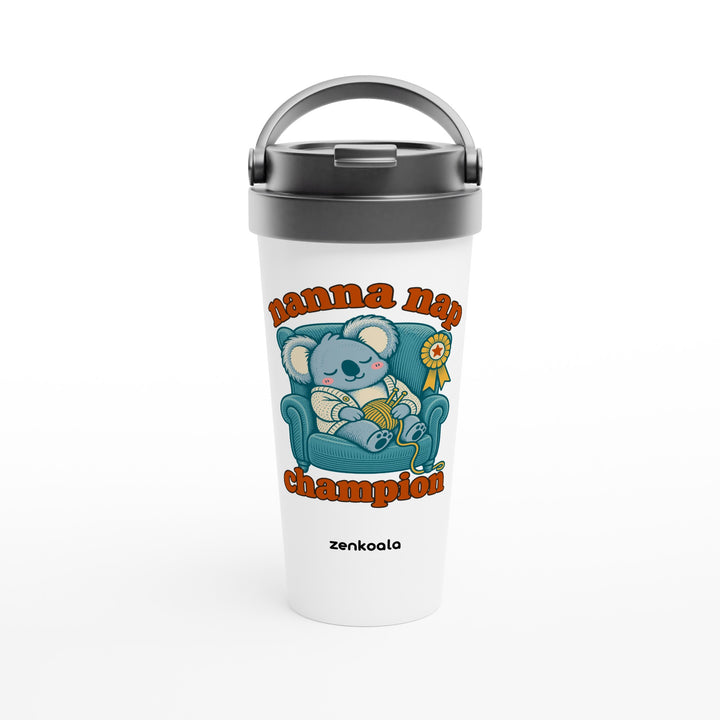 Nanna Nap Champion feel-good travel mug: a koala asleep in an armchair with knitting and a prize ribbon, Zen Koala Australia