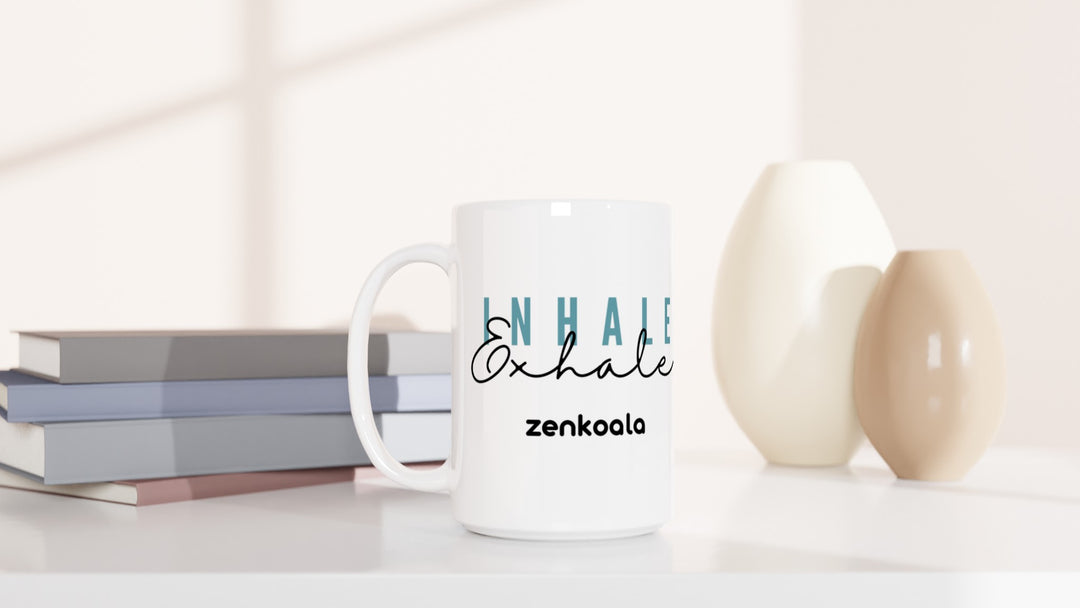 Exhale 15oz mug beside books and vases, Zen Koala Australia