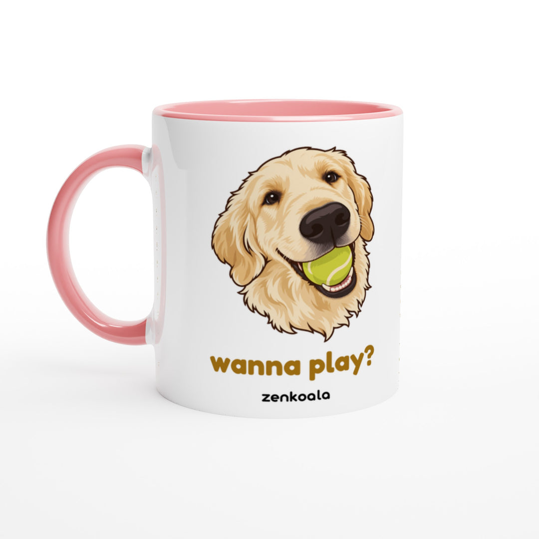 Wanna Play? mug in pink: white with a pink rim, inside and handle, Zen Koala Australia