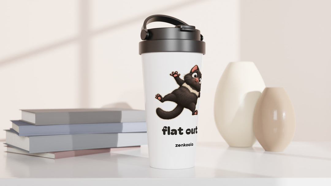 Flat Out travel mug beside books and vases, Zen Koala Australia