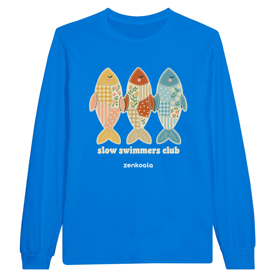 Slow Swimmers Club feel-good long sleeve tee in royal: three sleepy faux patchwork fish, Zen Koala Australia