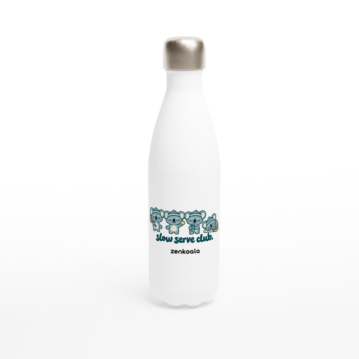 Slow Serve Club feel-good water bottle: four koalas playing tennis slowly, Zen Koala Australia