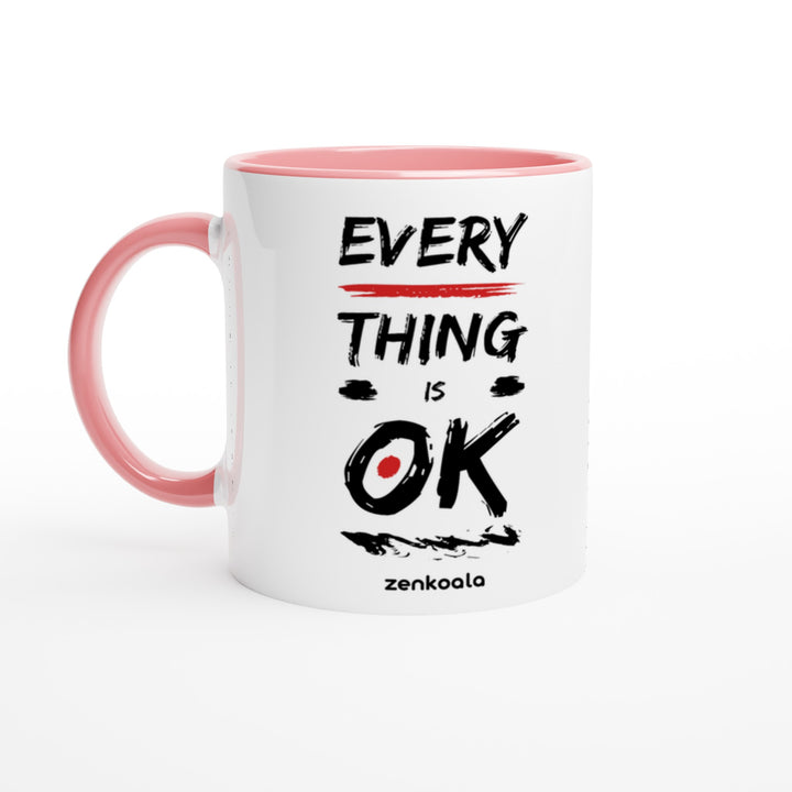 Everything is OK mug in pink: white with a pink rim, inside and handle, Zen Koala Australia