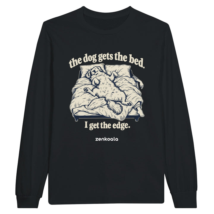 The Dog Gets the Bed feel-good long sleeve tee in black: a dog sprawled across the whole bed, Zen Koala Australia