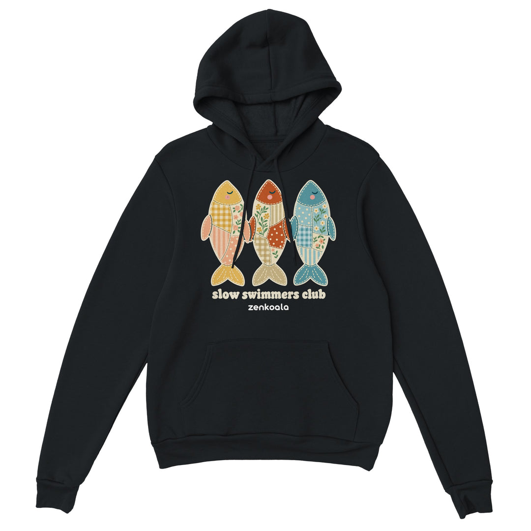 Slow Swimmers Club feel-good hoodie in black, Zen Koala Australia