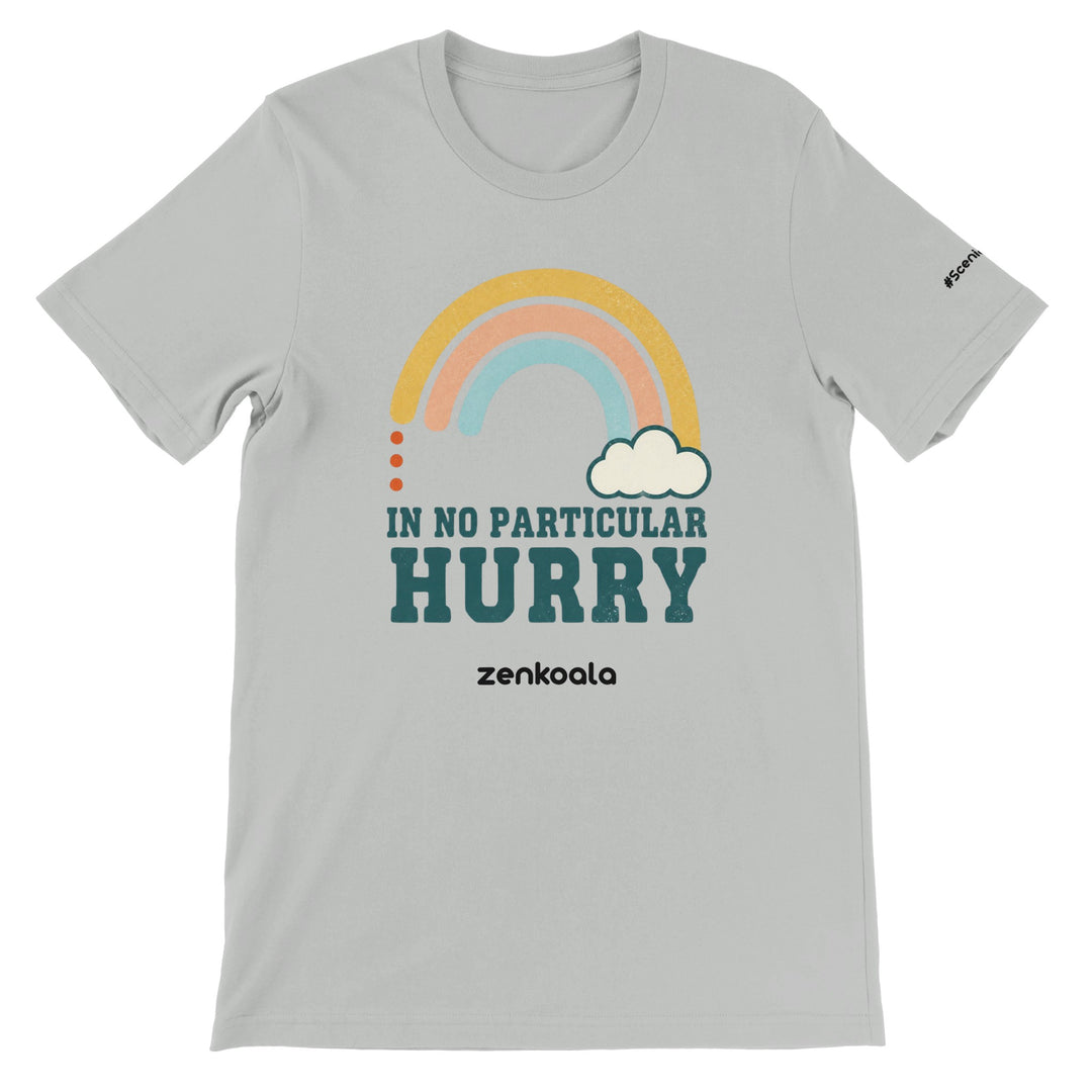 In No Particular Hurry feel-good tee in silver — a retro pastel rainbow and cloud, Zen Koala Australia