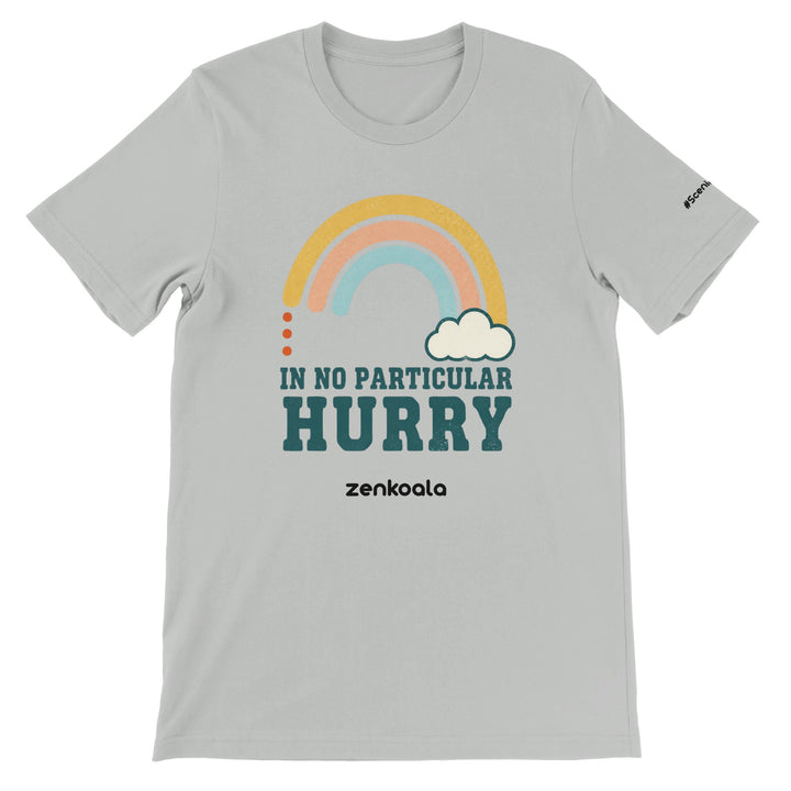 In No Particular Hurry feel-good tee in silver — a retro pastel rainbow and cloud, Zen Koala Australia