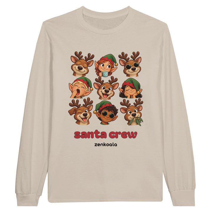 Santa Crew feel-good long sleeve tee in sand: a crew of reindeer and elves, Zen Koala Australia