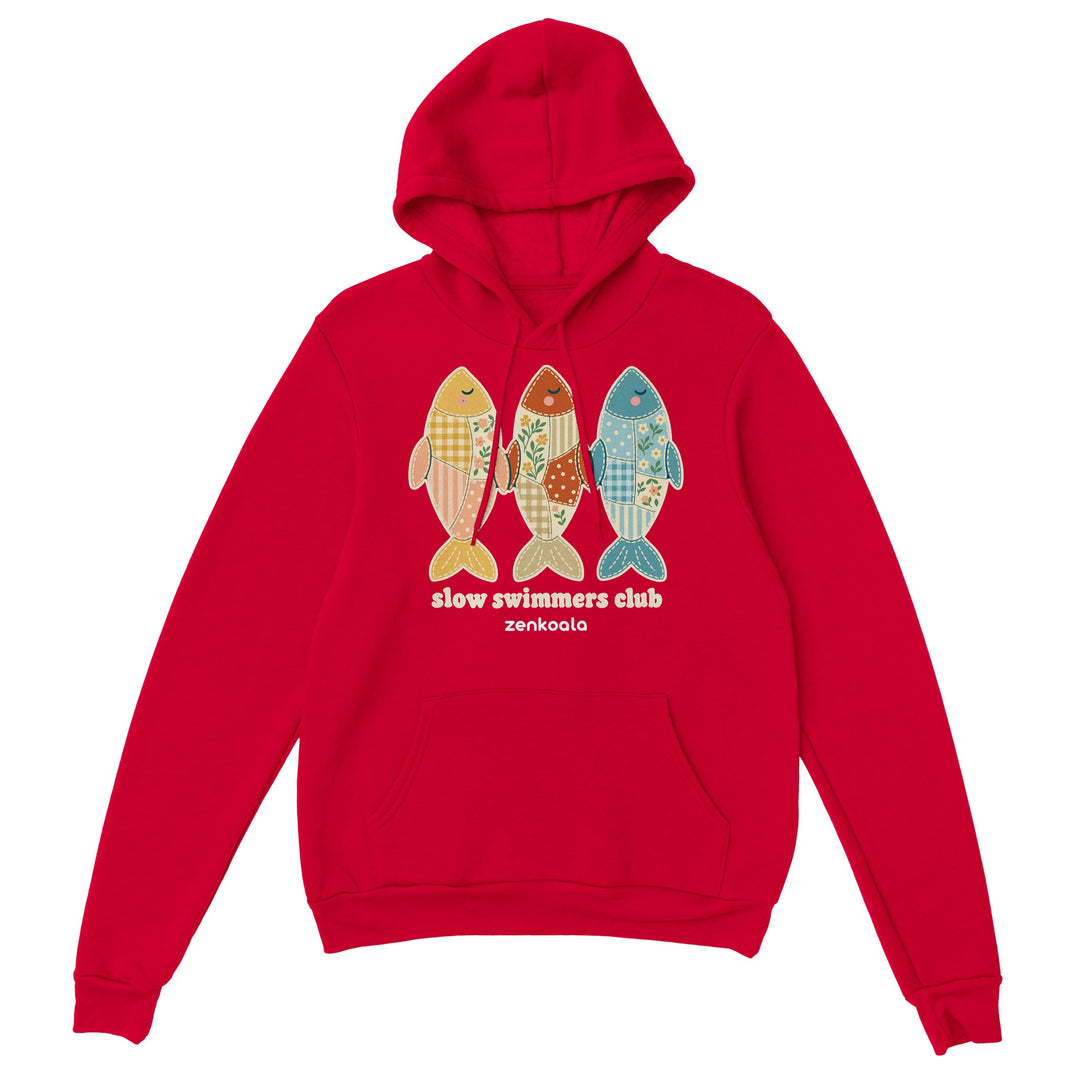 Slow Swimmers Club feel-good hoodie in red, Zen Koala Australia