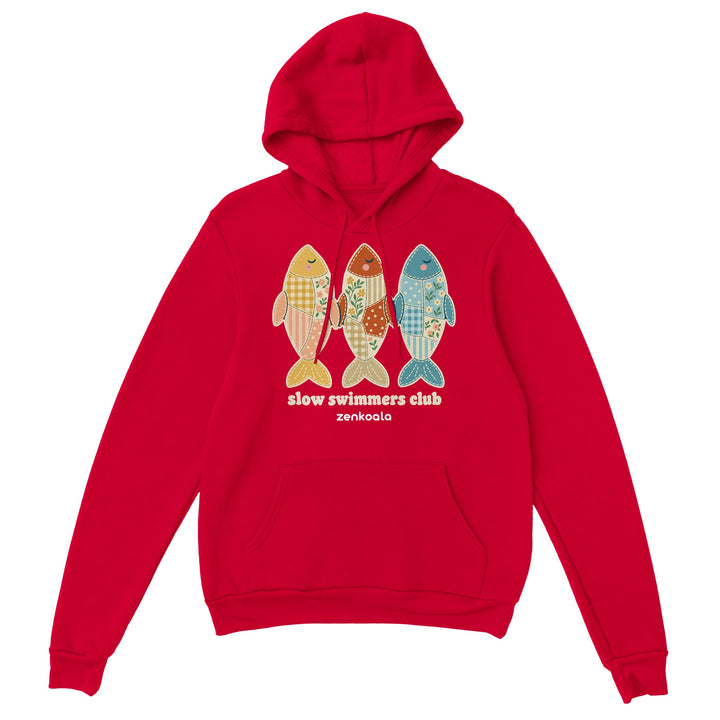 Slow Swimmers Club feel-good hoodie in red, Zen Koala Australia